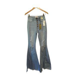 Vibrant MIU‎ Jess High Waisted Distressed Button Fly Flare Jeans 5/26